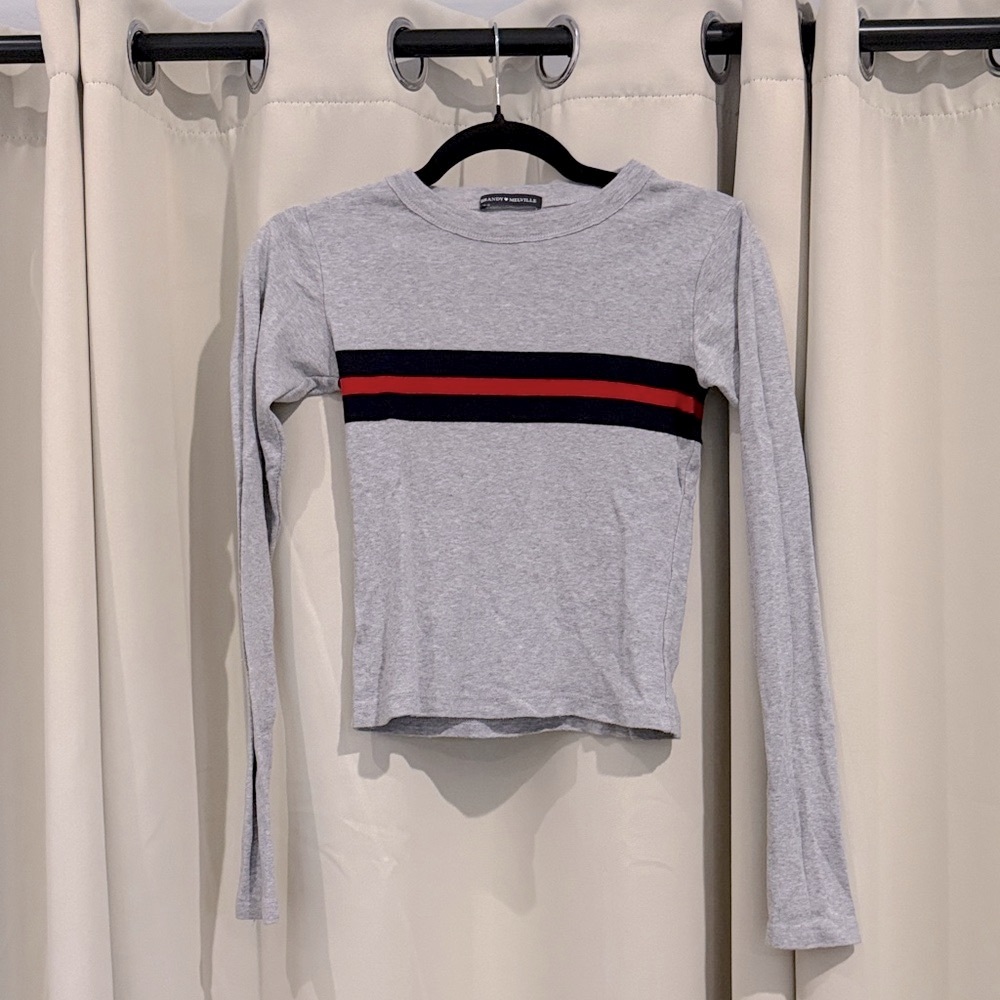 Brandy Melville Gray Long Sleeve Shirt with Stripes One size Preloved